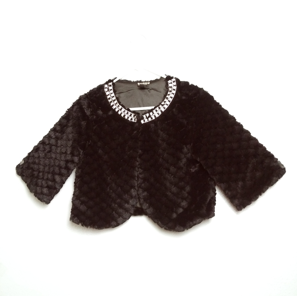 Haani Faur Fur Crop Jacket Decorative Rhinestones Jewels Black Women's …